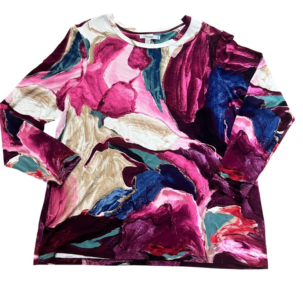 Chico's Artisanal Touch‎ of Cool Layering Tee Size 3 XL Long Sleeve Artsy Casual
